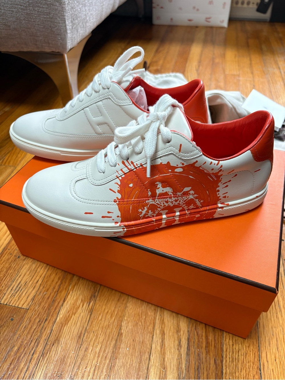 Brand New Hermes Orange Splash white Quicker Sneaker 37 women